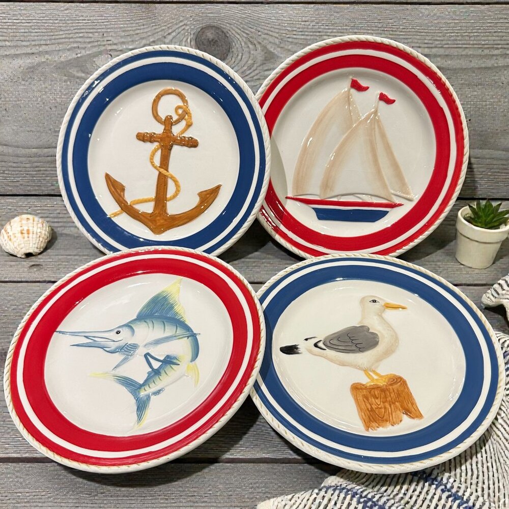 American Atelier Nautical 4-piece Salad Plate Set, Beach House Decor